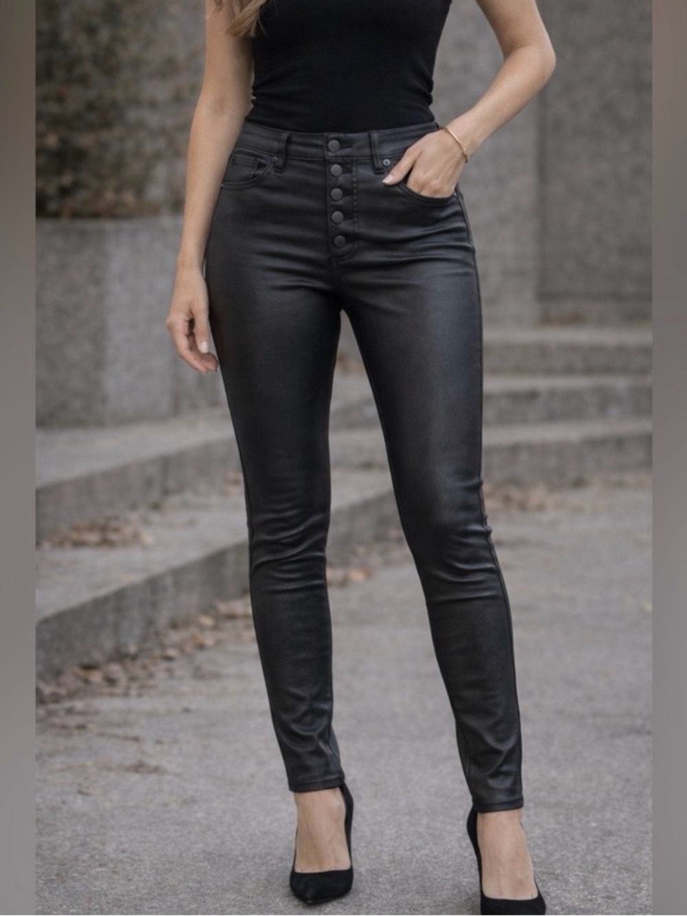 Express Black Coated High-Rise Skinny Jeans button-fly buttons . Curvy .